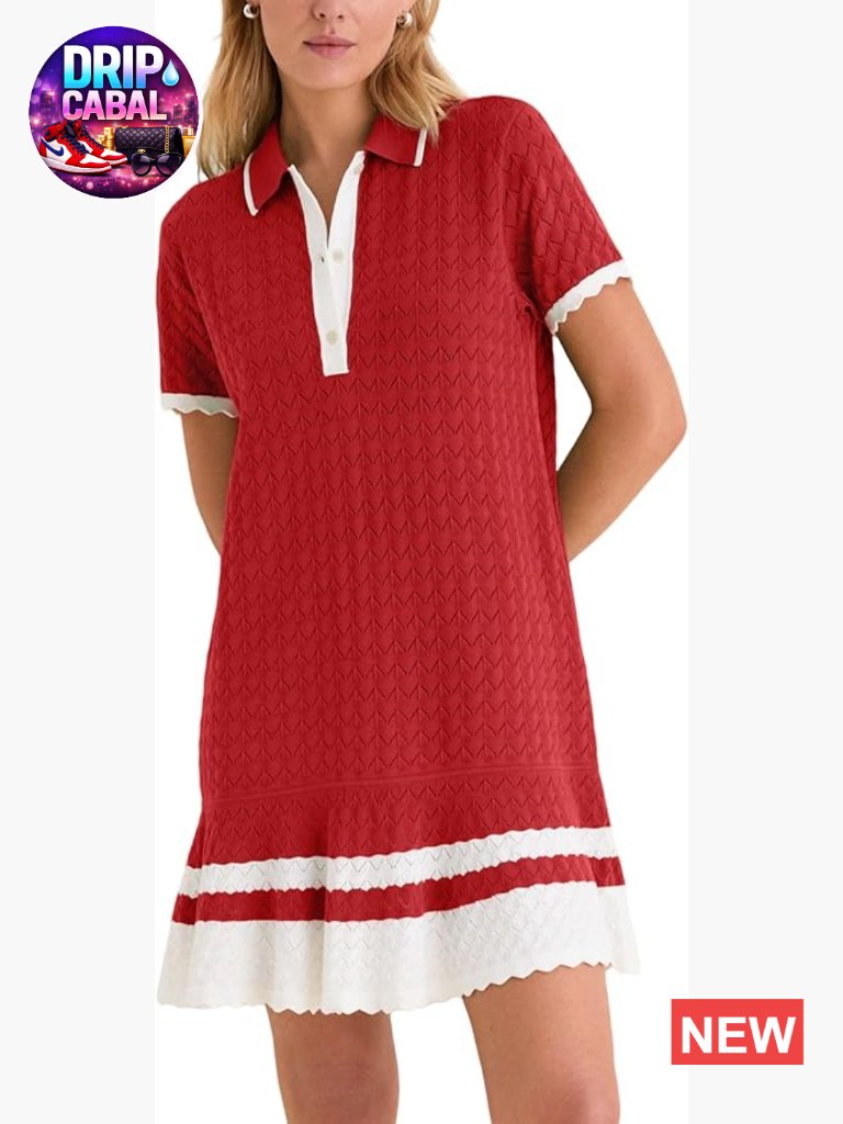 Crochet Hollow Polo Dress Short Sleeve Knit Color Block Mini Dress